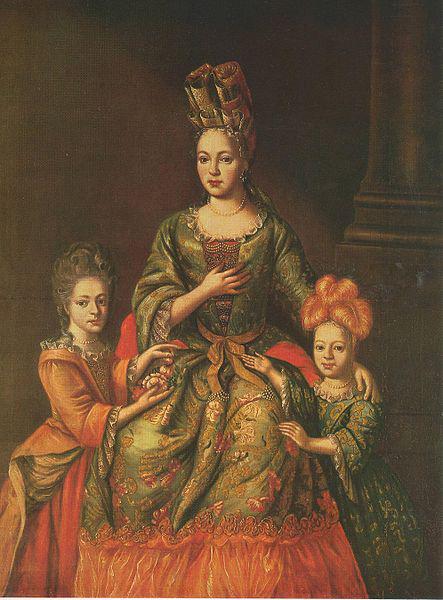 unknow artist Anastasia Naryshkina, wearing fontange, with her daughters Alexandra and Tatyana oil painting picture